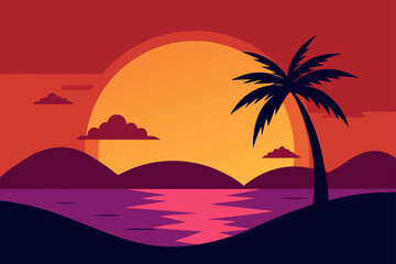 Vibrant sunset over tropical ocean with palm tree silhouette