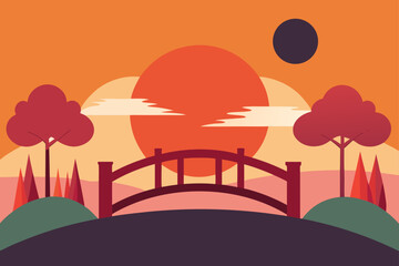 Stylized landscape with a bridge trees and a large sun at sunset