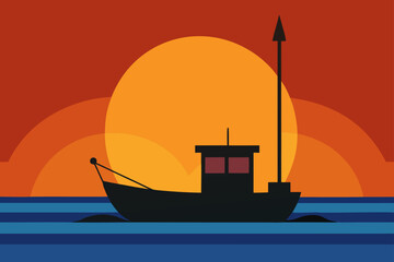 Silhouette of a fishing boat on the water at sunset