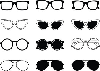 Set of assorted eyeglasses and sunglasses silhouettes, vector illustration featuring multiple eyewear styles, fashion accessory frame collection for design, icons, and decor
