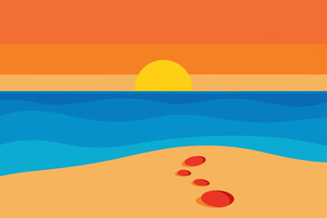 Footprints in the sand leading to the ocean at sunset