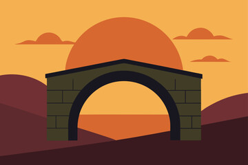 Stylized stone arch bridge at sunset with hills and clouds