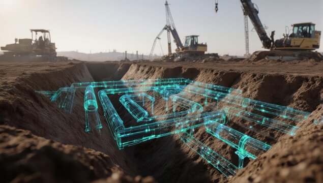 Construction site with trench, virtual pipes overlay, heavy machinery in background