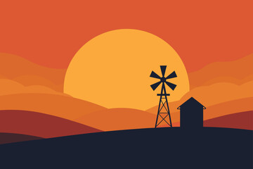 Silhouette of a windmill and barn against a vibrant sunset sky