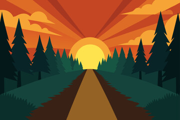 Flat design road through pine forest at sunset with sun rays