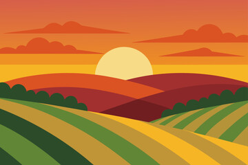 Stylized sunset over rolling agricultural fields