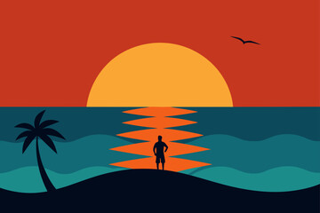 Man silhouetted on beach watching vibrant sunset over the ocean with palm tree
