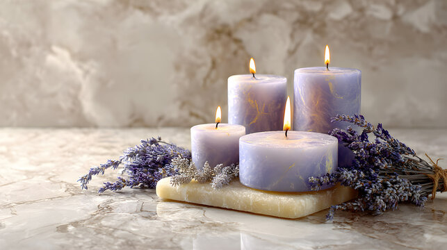 Serene spa scene featuring lavender candles on a marble surface creating a calming and peaceful atmosphere for relaxation and wellness - Powered by Adobe