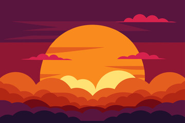 Vibrant sunset with stylized clouds and large sun