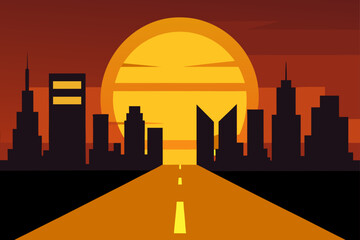 Flat design cityscape with a road leading to the sun at sunset