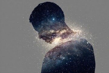 A man’s silhouette filled with a glowing galaxy against a plain gray background.