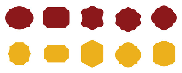 Elegant collection of diverse ornamental frames, badges, and blank label shapes in rich red and bright yellow, perfect for graphic design projects and decorative accents