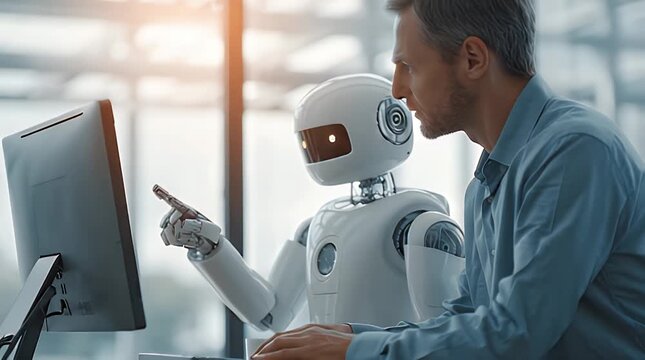 Minimal White AI Robot Collaborating with Professional Employee
