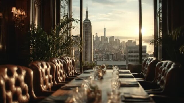 Luxury interior with cityscape view from high rise window at sunset