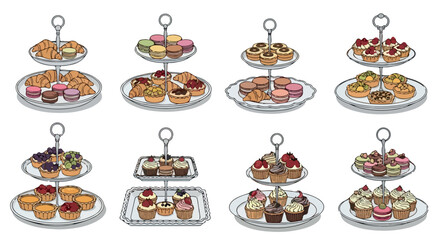 Assorted pastries and desserts on tiered serving trays