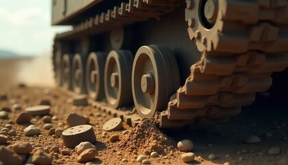 A military tank's tread on rocky terrain, highlighting its robust design and powerful presence in a dusty environment, created with generative ai