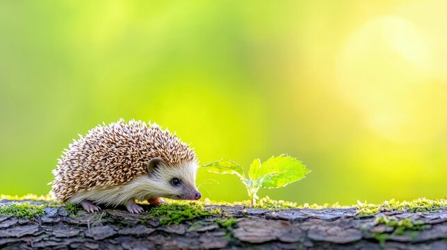 A hedgehog is on a moss-covered log in a forest with a soft green bokeh background.