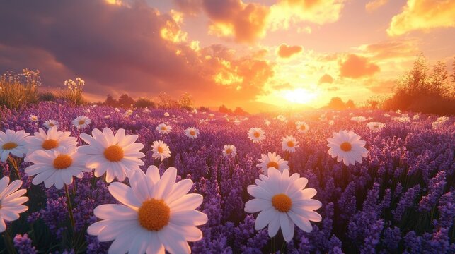 Field of purple lavender and white daisies bathed in warm sunset light, golden clouds above