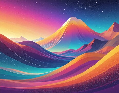 A vibrant, stylized landscape features flowing mountain ranges under a starlit sky, using gradients of warm and cool colors - Powered by Adobe