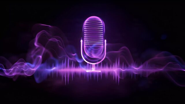 Neon glowing microphone icon with pulsing sound waves audio visualization