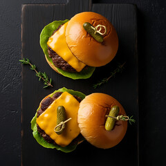 Top down minimalist gourmet sliders wooden board dark background