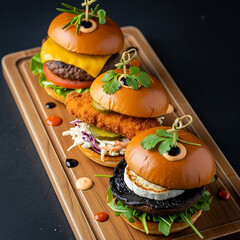 Top down minimalist gourmet sliders wooden board dark background