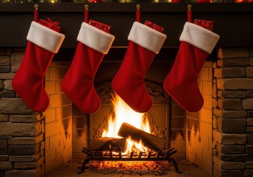 Four red christmas stockings hanging above a roaring fireplace