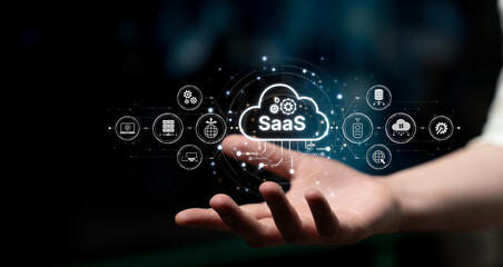 Visual representation of SaaS showing infrastructure, SaaS deployment, SaaS platform features, and SaaS integration model in digital environment. Spline