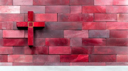 A bold red cross with a subtle gold square at its center is prominently displayed against a richly textured wall of red bricks.