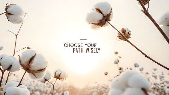 Cotton plants growing against a neutral backdrop with inspirational text