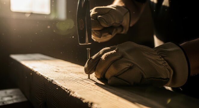 Carpenter using electric screwdriver on wood plank in workshop with sunlight