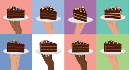 Chocolate cake slices on plates with colorful backgrounds