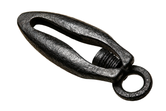 Cast iron clevis; eye, threaded pin. Detailed and textured