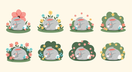 Sleeping rabbits surrounded by flowers in springtime