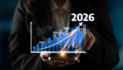 A businessman utilizes a smartphone to analyze financial growth projections with a digital graph, indicating significant trends and data analysis for future years. Tessel