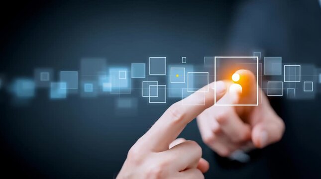 Person interacts with touch screen button for digital control hand pressing interactive button on modern digital display interface