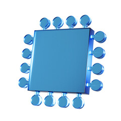 半導体のフラットなアイコンの3Dイラスト。透明感のある青いグラスモーフィズムなマーク