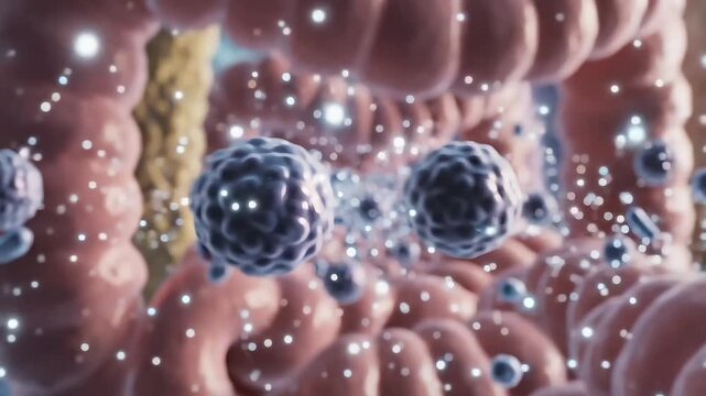 Scientific 3D illustration of the gut microbiome, showing bacteria and probiotics within the human intestine.