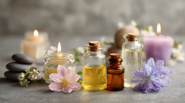 Aromatherapy essential oils and candles create a calming spa atmosphere for relaxation and wellness treatments at a holistic health retreat