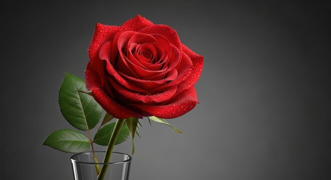 Beautiful red rose with water droplets in a glass vase on gray background