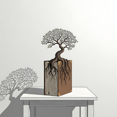 Ancient tree growing out of closed book knowledge literature nature