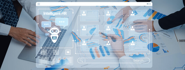 Modern human resource technology featuring an AI interface with data analytics, showcasing teamwork and communication in a contemporary office setting. Trope