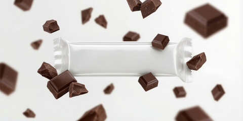 White cereal bar packaging with chocolate pieces floating on white background