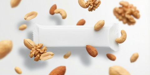 white cereal bar packaging with walnut and almond pieces floating on white background