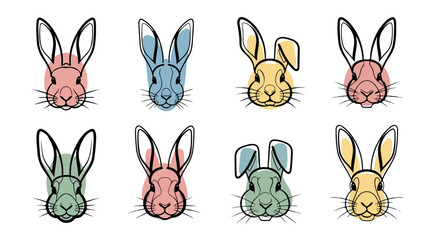 Rabbit faces in pastel colors with transparent background