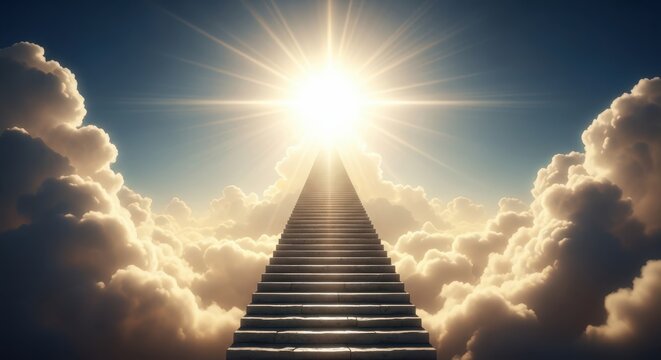 Stairway to heaven with bright light shining through the clouds above