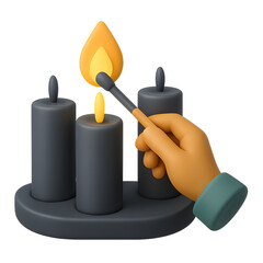 Hand Lighting a Candle Among Three Dark Candles with Warm Glow in a Peaceful Setting