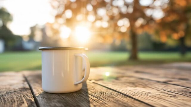 Enamel mugs on rustic wooden table outdoors with autumn sunlight