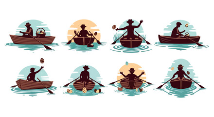 People rowing boats on water with hats and paddles
