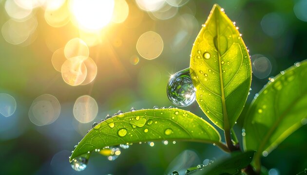 Close-up of vibrant green leaves with water droplets, sunlit bokeh background